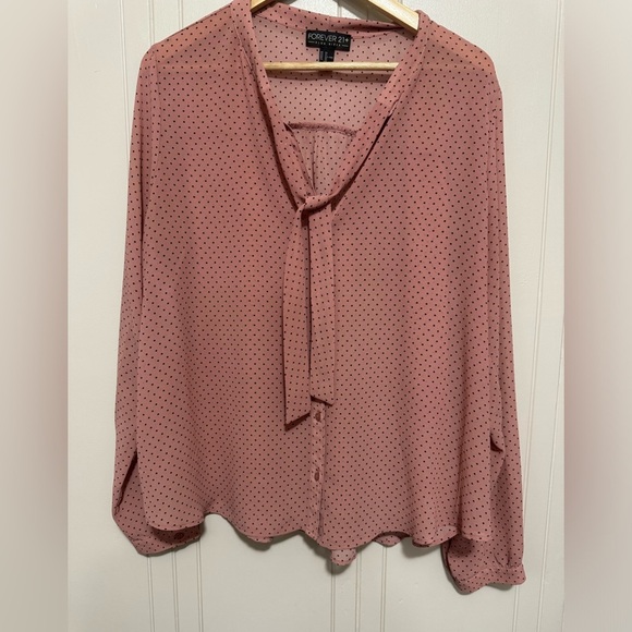 Forever 21 Tops - 2X Pink and Black Polka Dot Tie Neck Long Sleeve Blouse